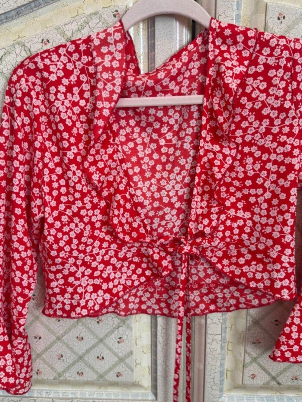 Red Floral Bell Sleeve Tie Front Deep V Blouse 70s Boho Romantic Going Out Top